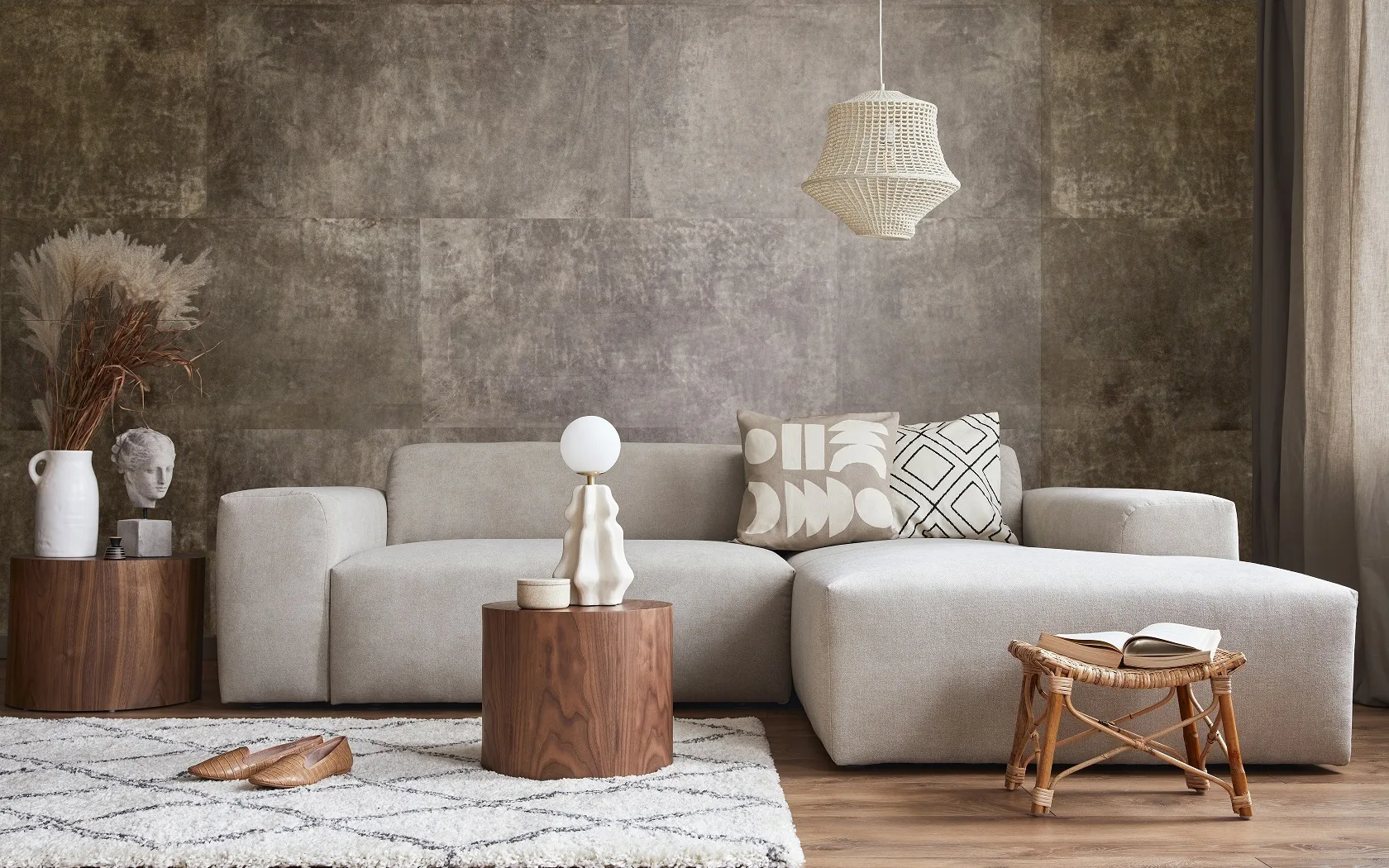 Wandbekleding leer Belledo bruin gemeleerd sfeerbeeld woonkamer liggend klein