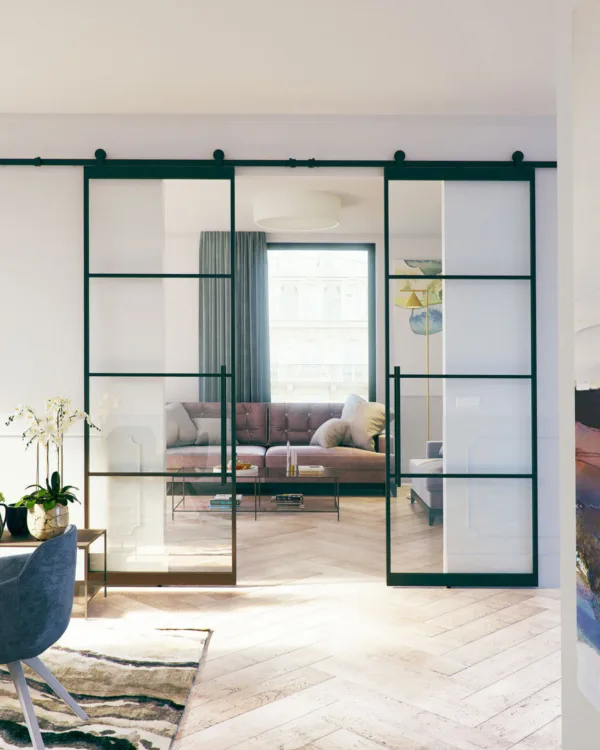 Modern strakke woonstijl schuifdeur in woonkamer