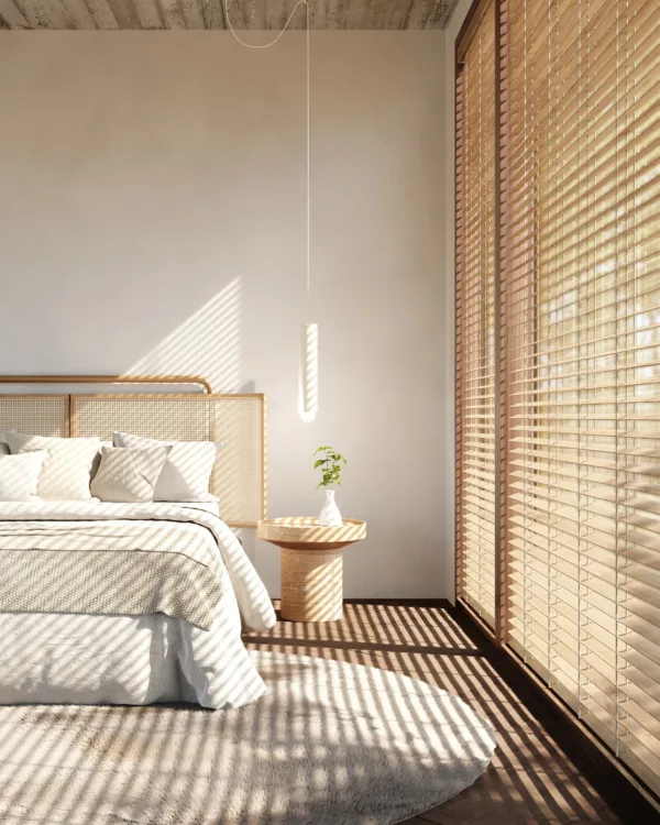 Beige houten jaloezieën in de slaapkamer