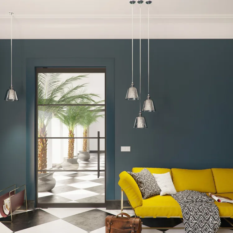 Woonkamer in moderne woonstijl met brede zwarte stalen taatsdeur .