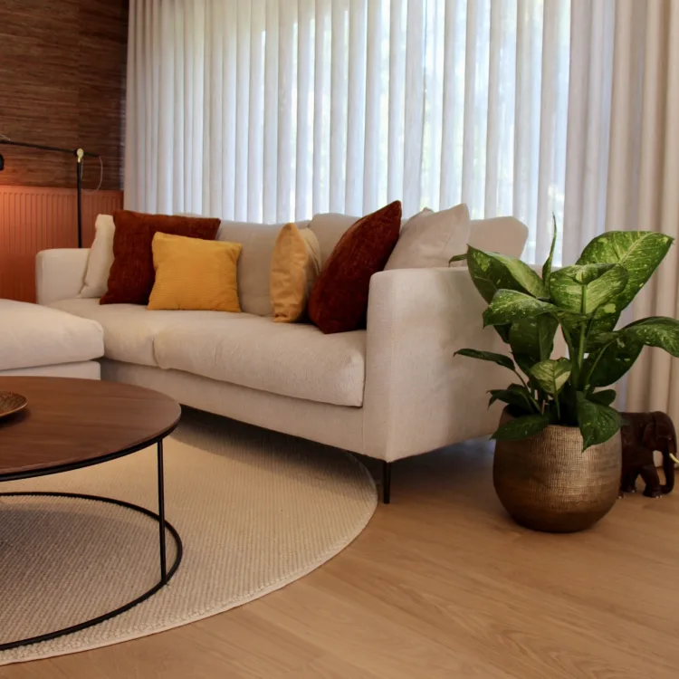 Parketvloer met vloerkleed en inbetweens in de woonkamer